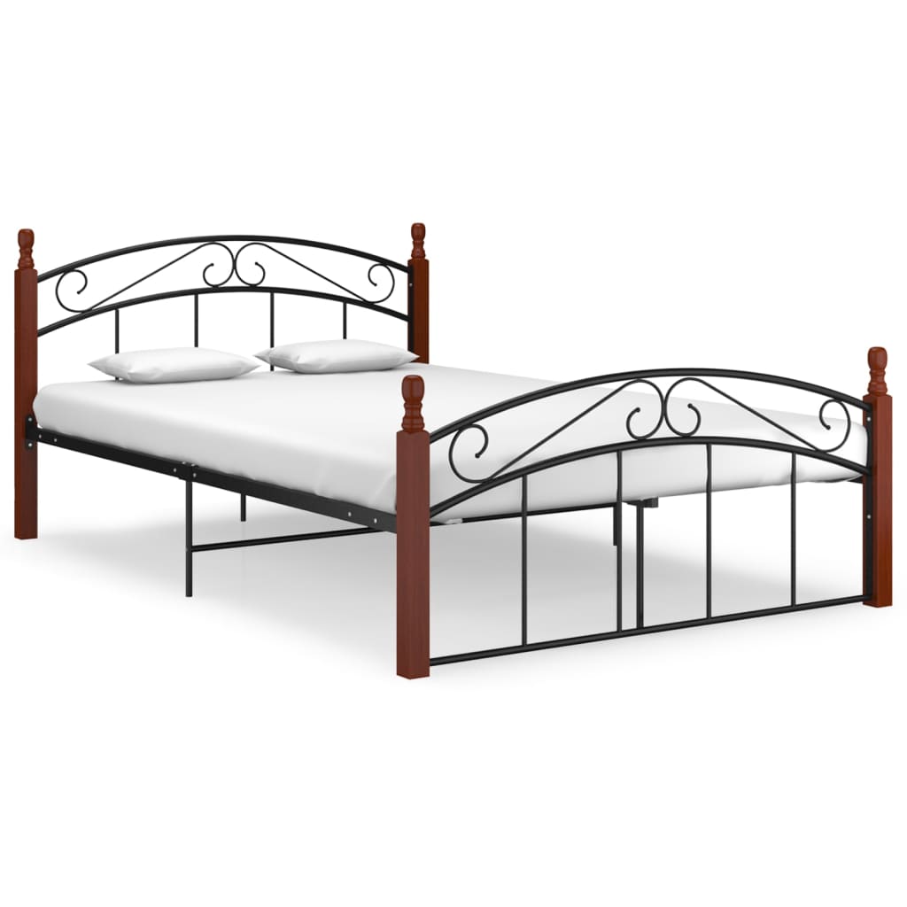 Bedframe metaal en massief eikenhout zwart 90x200 cm