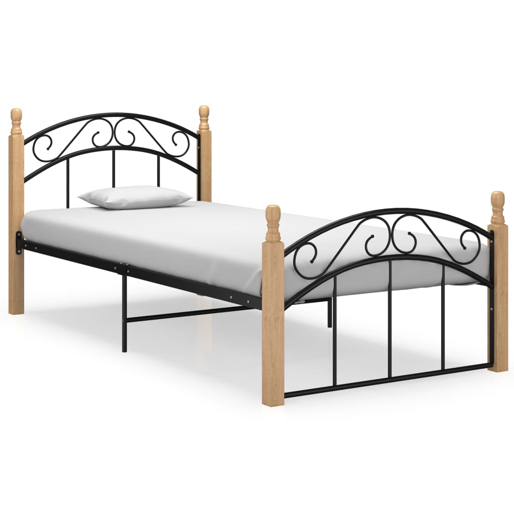 Bedframe metaal en massief eikenhout zwart 90x200 cm