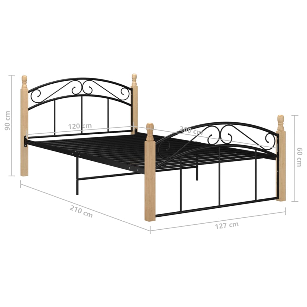 Bedframe metaal en massief eikenhout zwart 90x200 cm