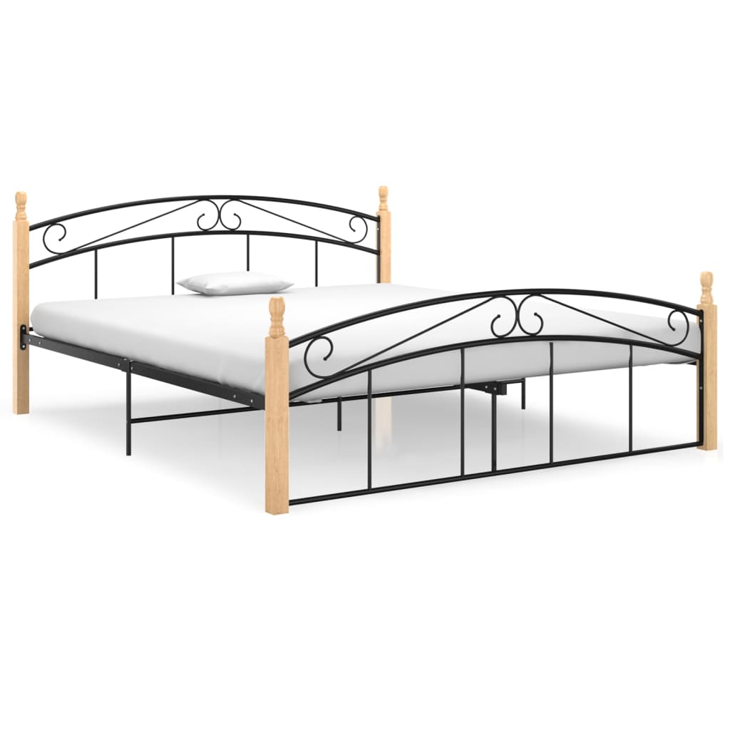 Bedframe metaal en massief eikenhout zwart 90x200 cm