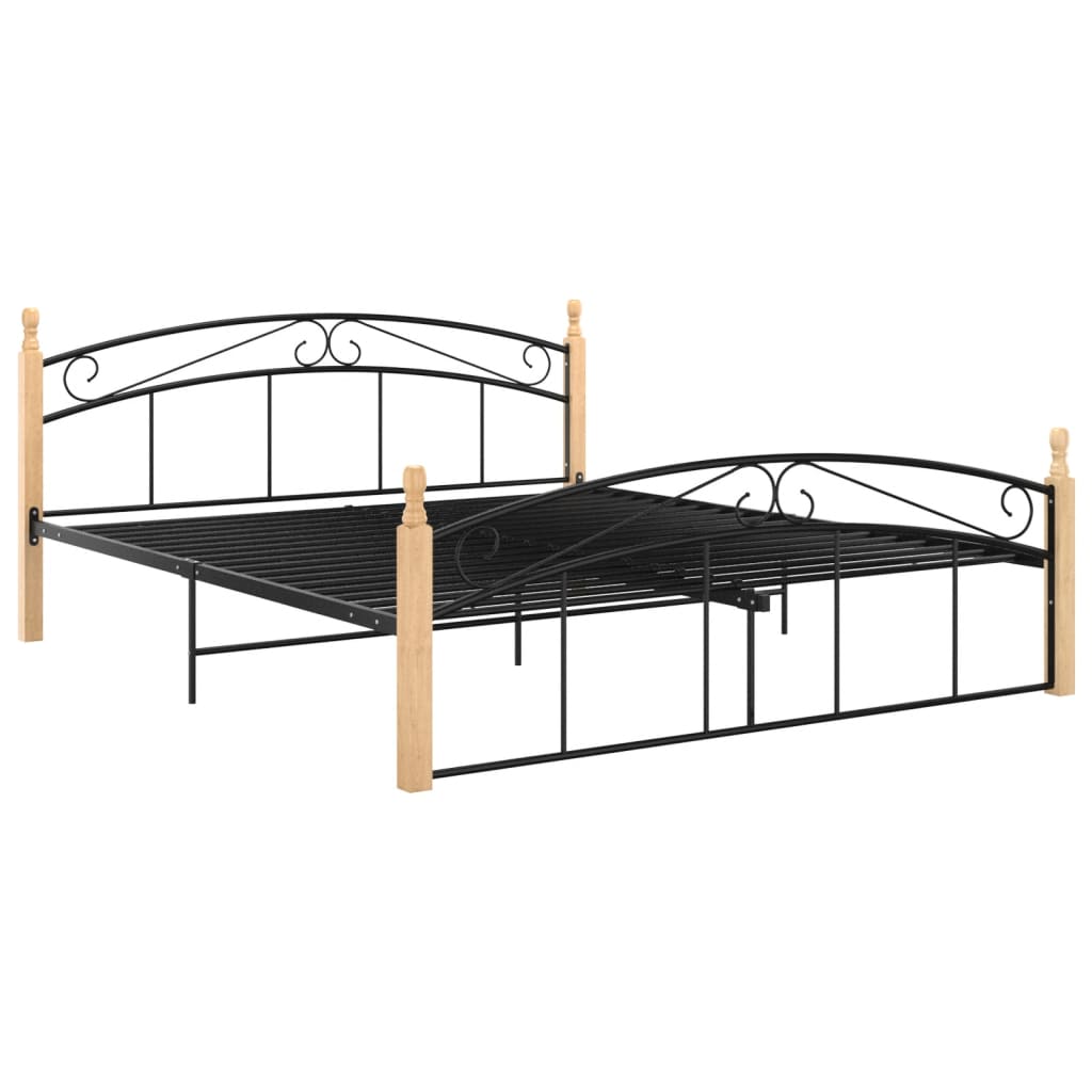 Bedframe metaal en massief eikenhout zwart 90x200 cm