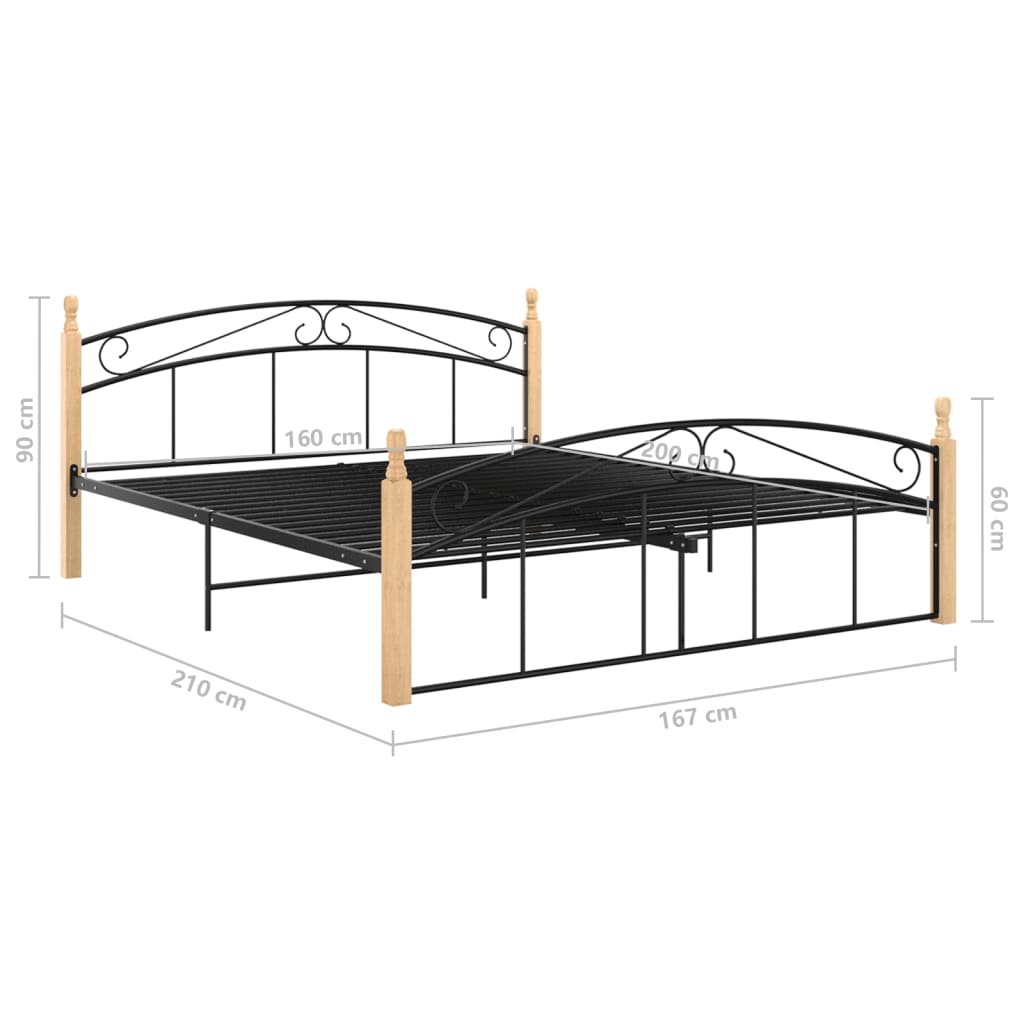 Bedframe metaal en massief eikenhout zwart 90x200 cm