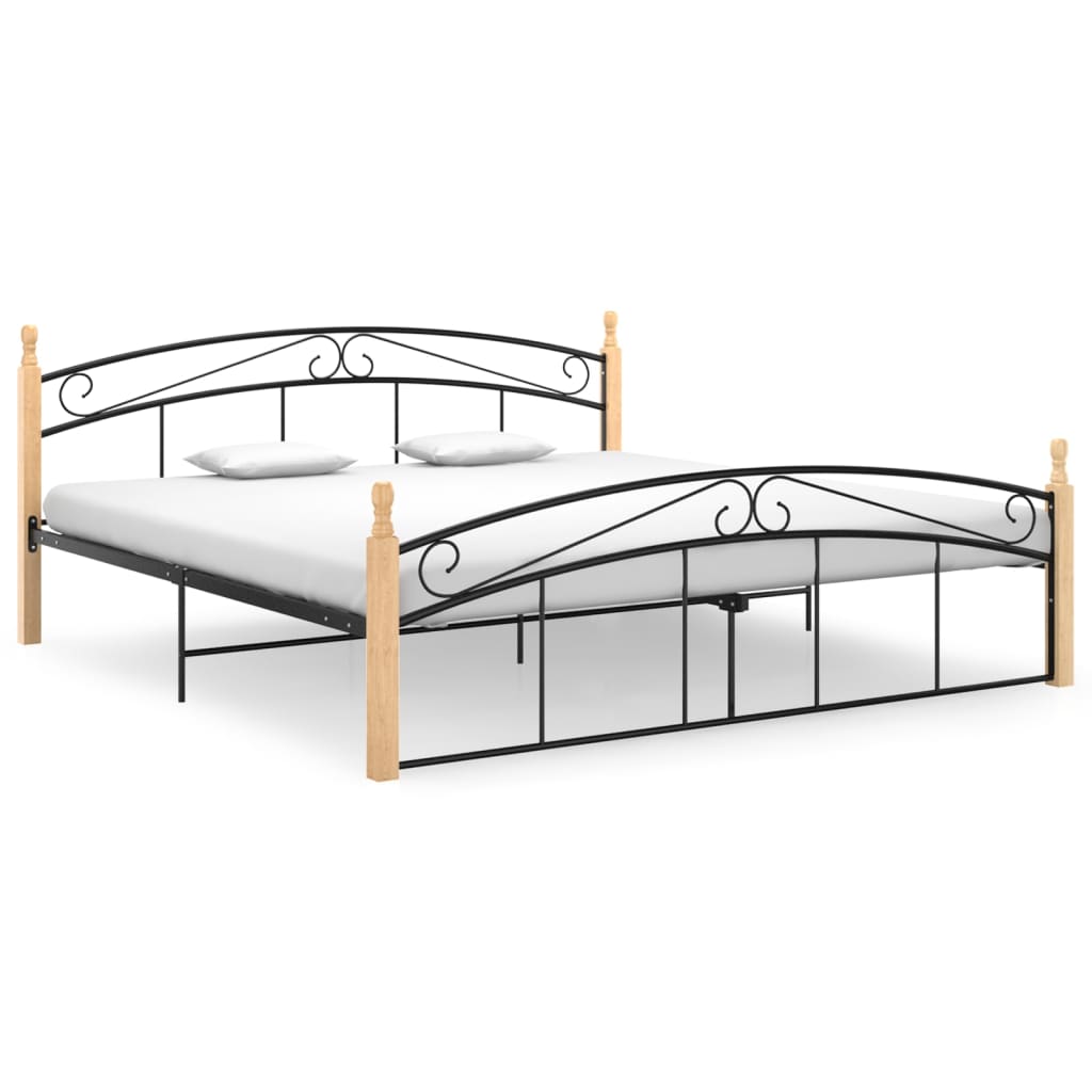 Bedframe metaal en massief eikenhout zwart 90x200 cm