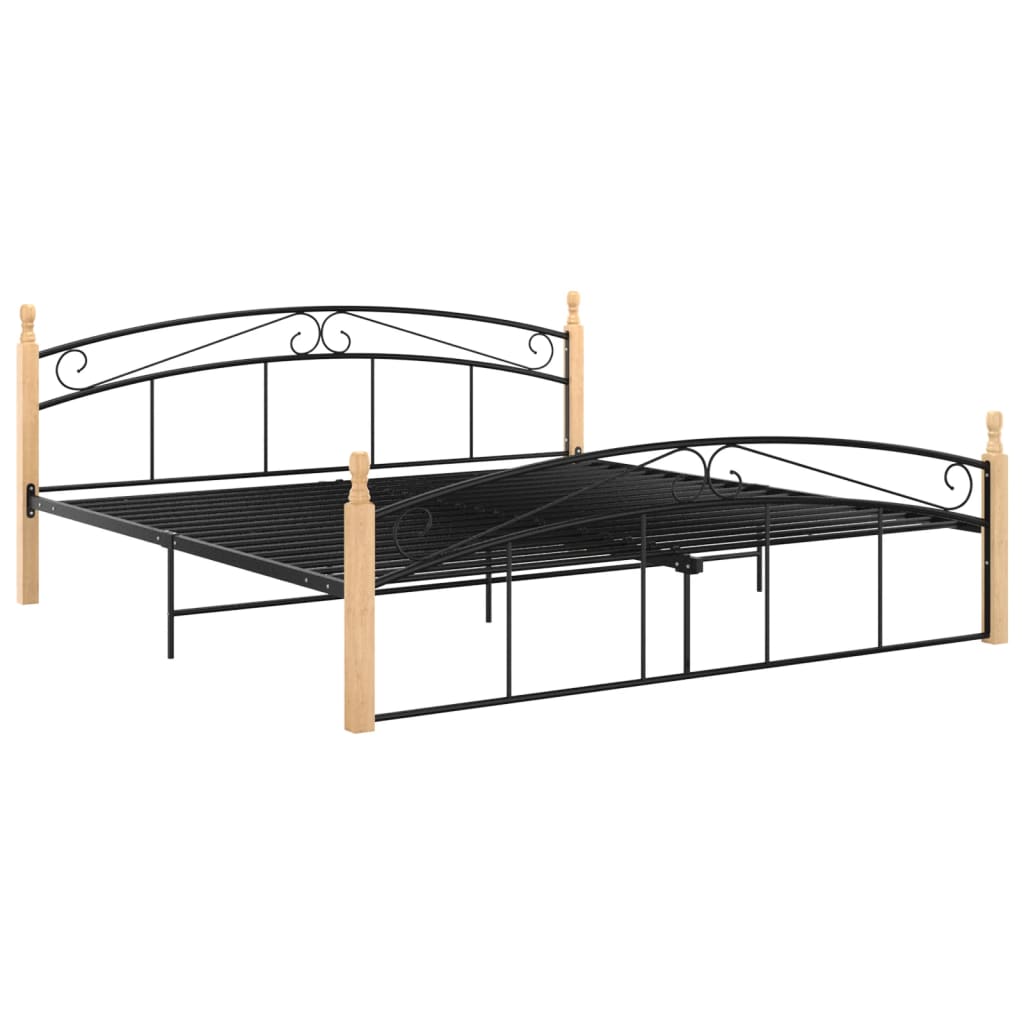 Bedframe metaal en massief eikenhout zwart 90x200 cm