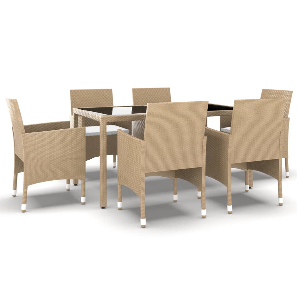 7-delige Tuinset poly rattan en gehard glas beige