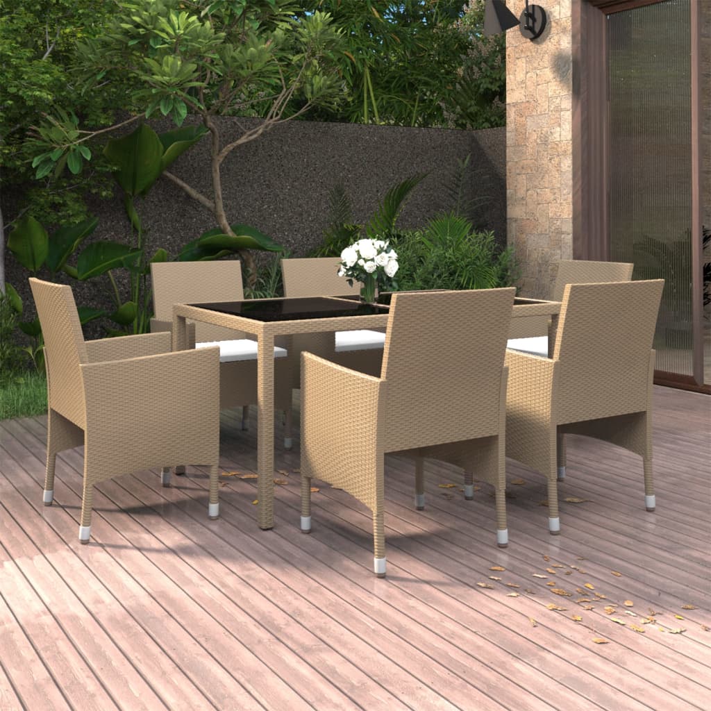 7-delige Tuinset poly rattan en gehard glas beige