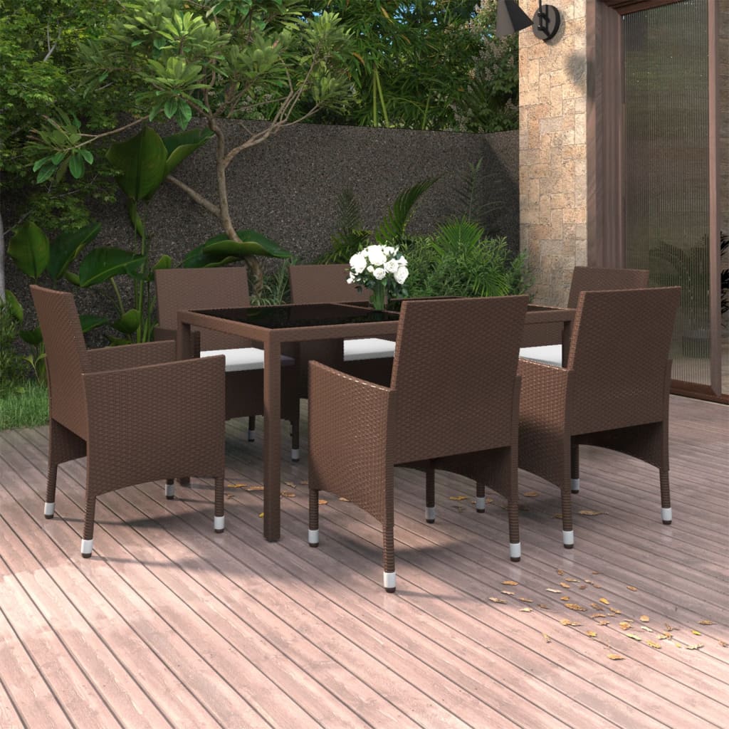 7-delige Tuinset poly rattan en gehard glas beige