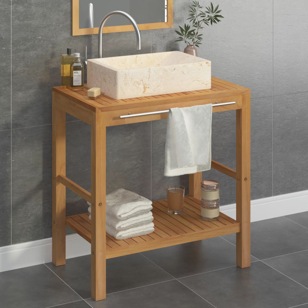 Meuble vasque avec lavabo en marbre, bois de teck massif