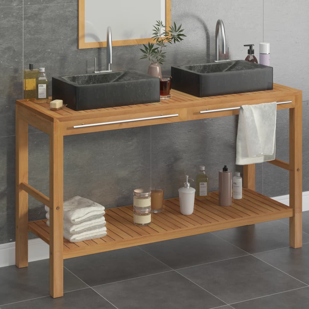 Meuble vasque avec lavabo en marbre, bois de teck massif