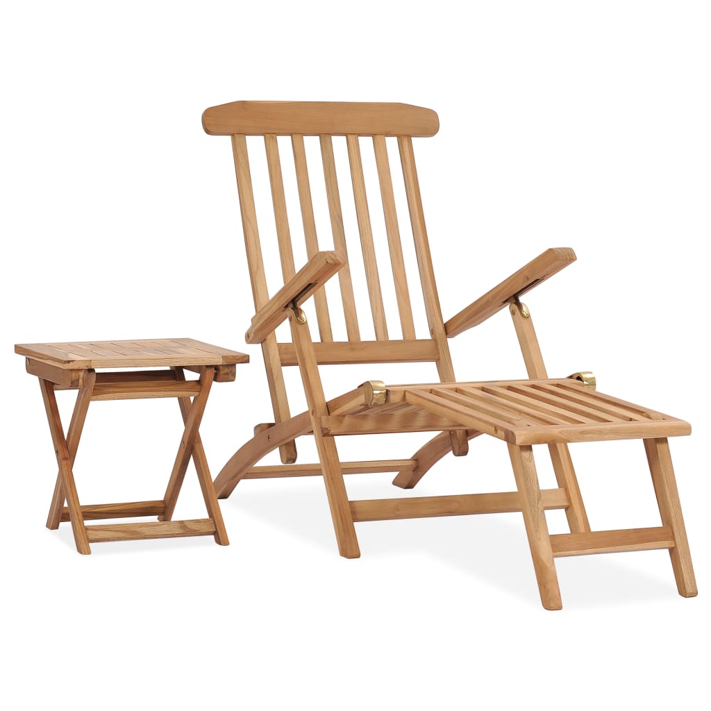 Chaise longue avec repose-pieds et table en bois de teck massif