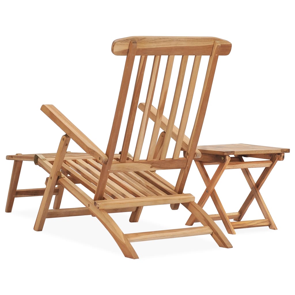 Chaise longue avec repose-pieds et table en bois de teck massif