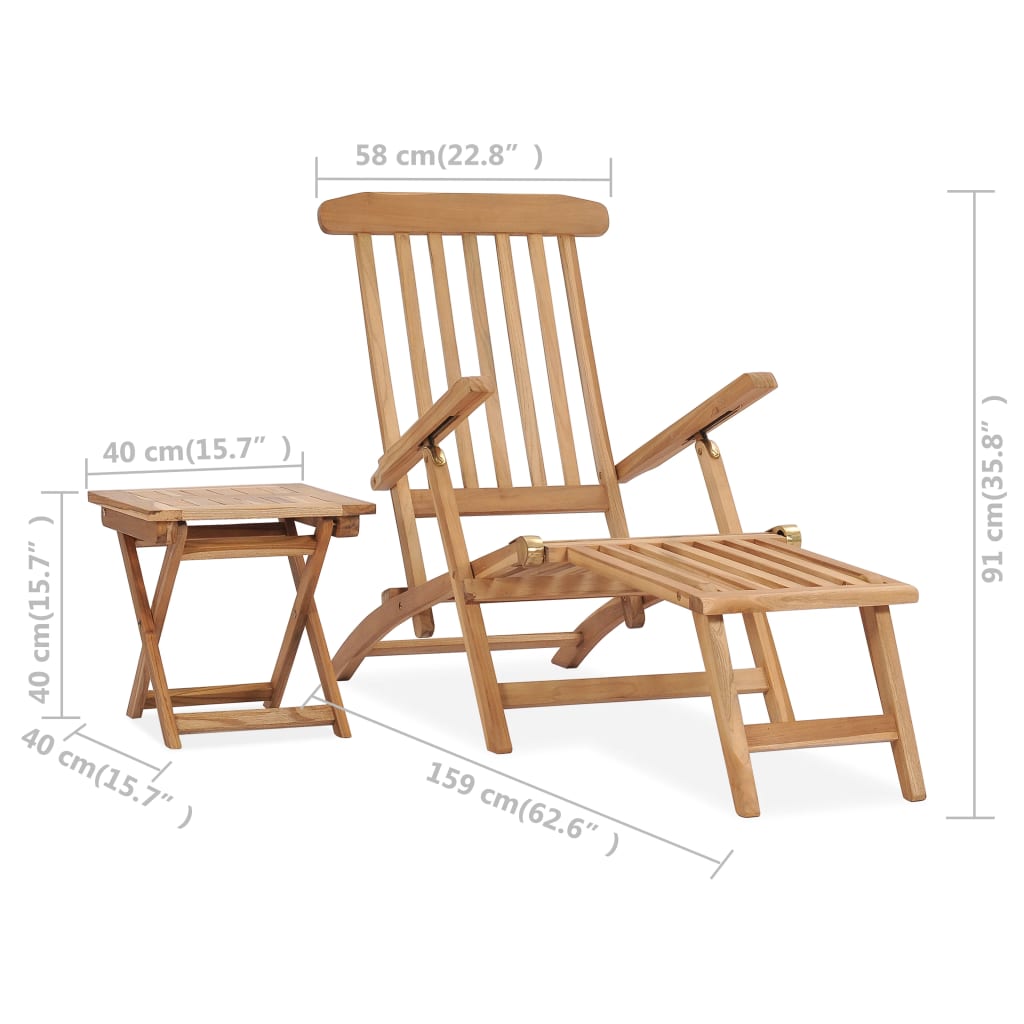 Chaise longue avec repose-pieds et table en bois de teck massif