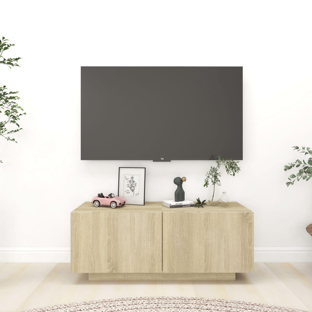 Meuble TV 100x35x40 cm ouvré en bois couleur chêne