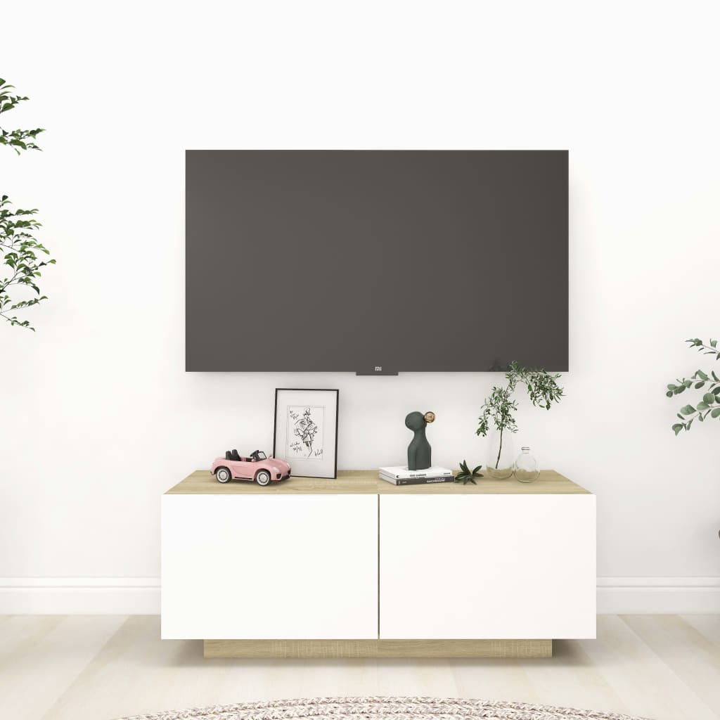 Meuble TV 100x35x40 cm ouvré en bois couleur chêne