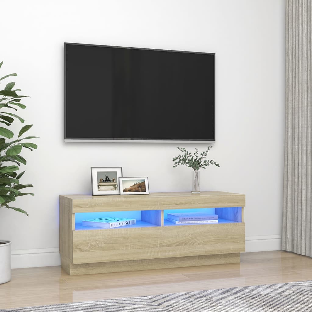 Tv-meubel met LED 80x35x40 cm bewerkt hout artisanaal eiken