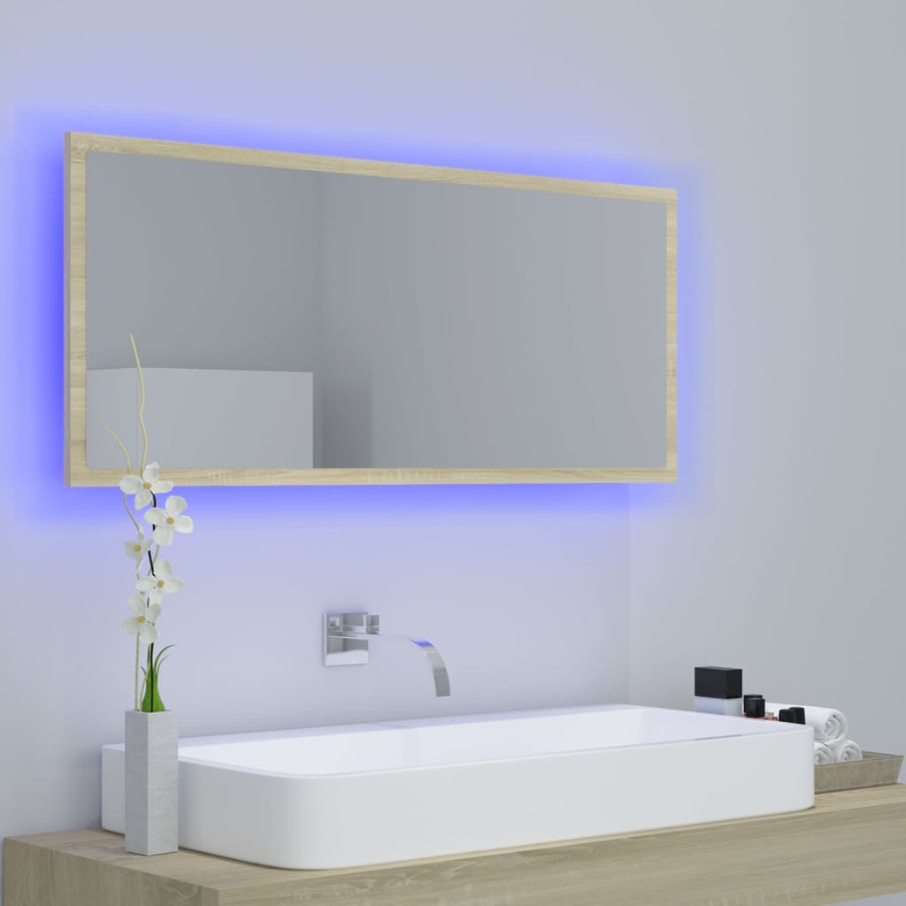 Miroir de salle de bain LED 100x8,5x37 cm acrylique couleur chêne