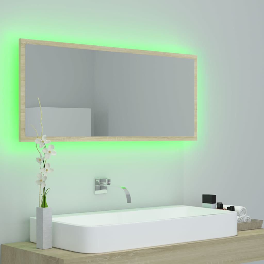 Miroir de salle de bain LED 100x8,5x37 cm acrylique couleur chêne