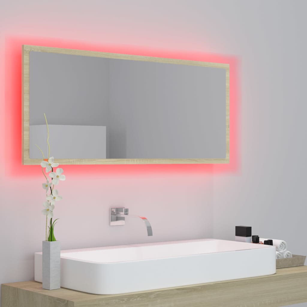 Miroir de salle de bain LED 100x8,5x37 cm acrylique couleur chêne