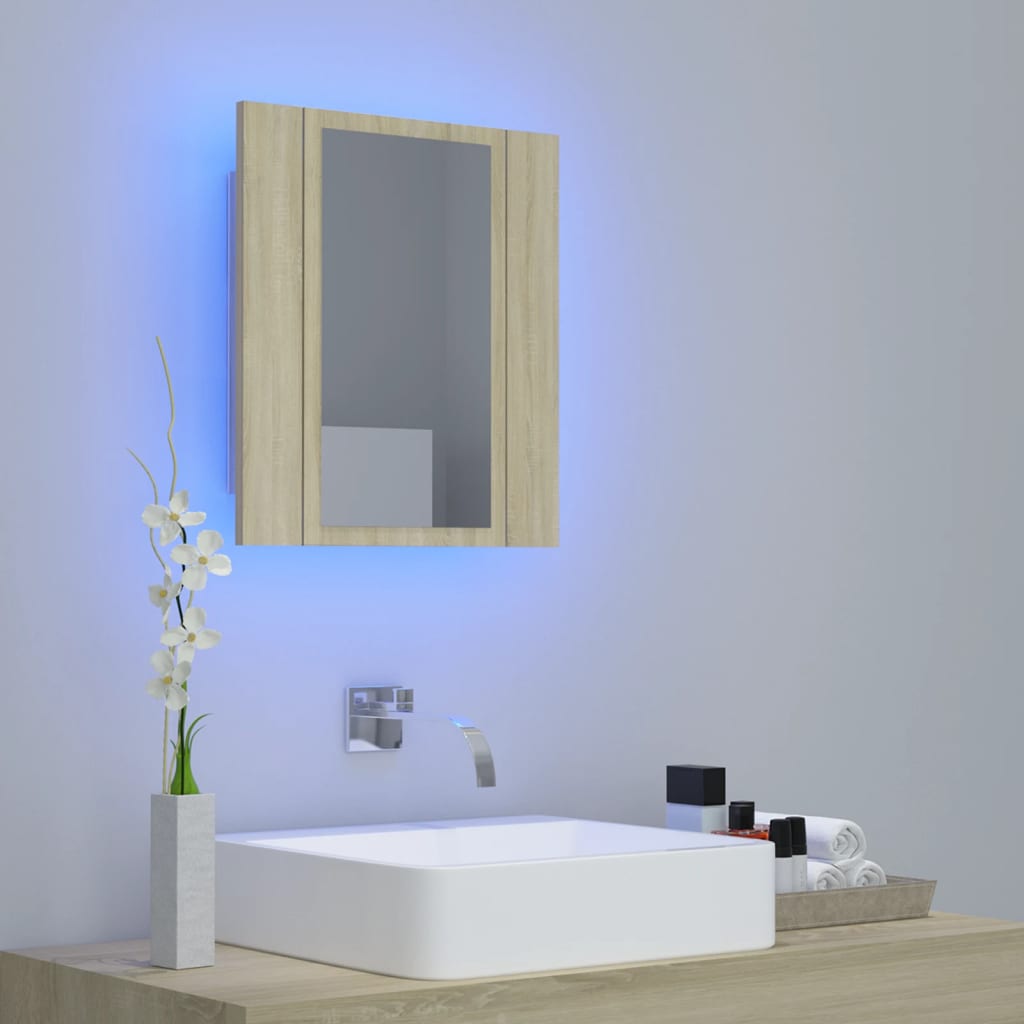 Meuble de salle de bain avec miroir LED 40x12x45 acrylique couleur chêne