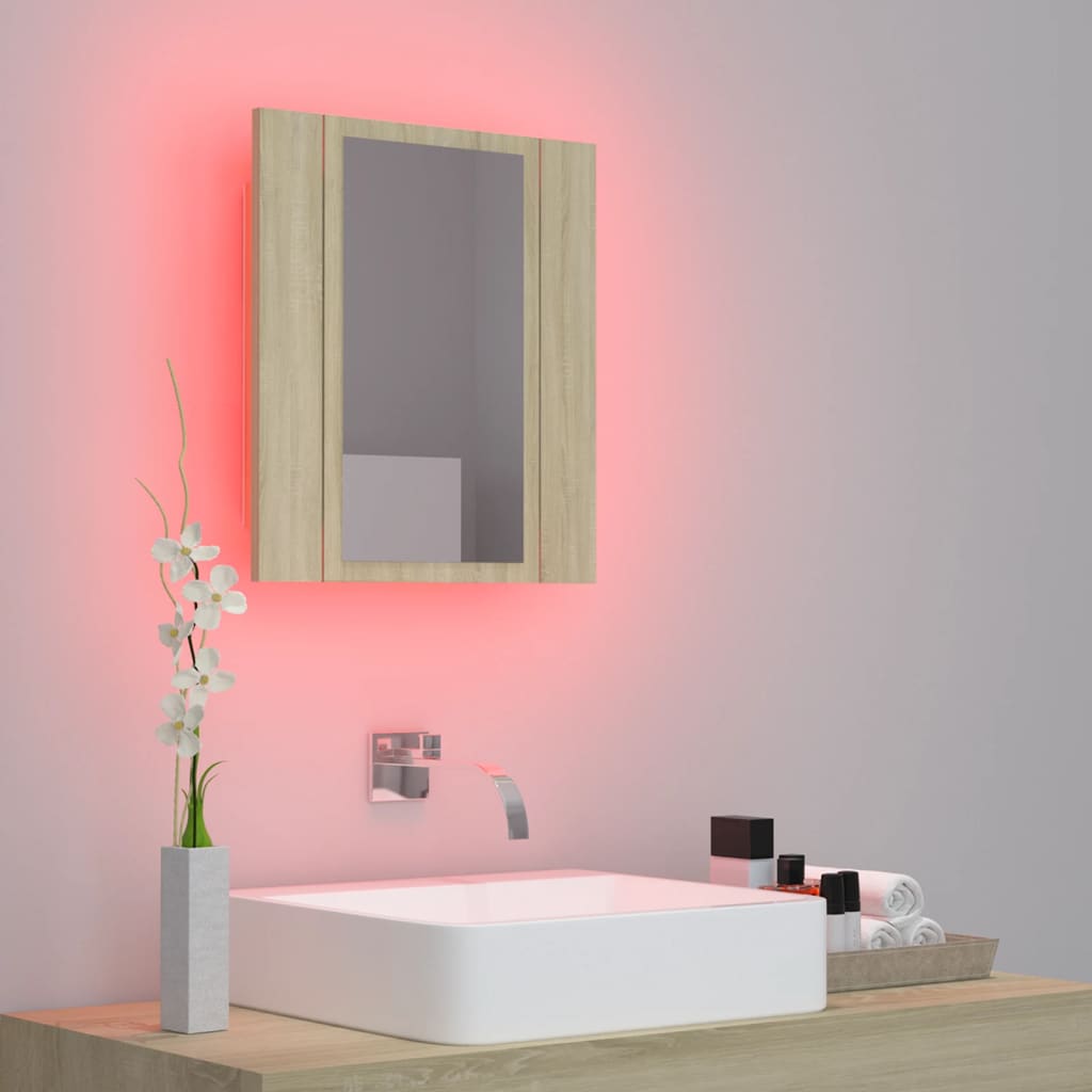 Meuble de salle de bain avec miroir LED 40x12x45 acrylique couleur chêne