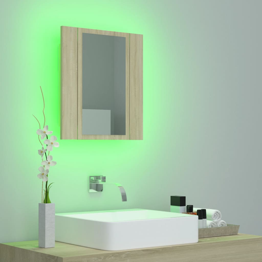 Meuble de salle de bain avec miroir LED 40x12x45 acrylique couleur chêne