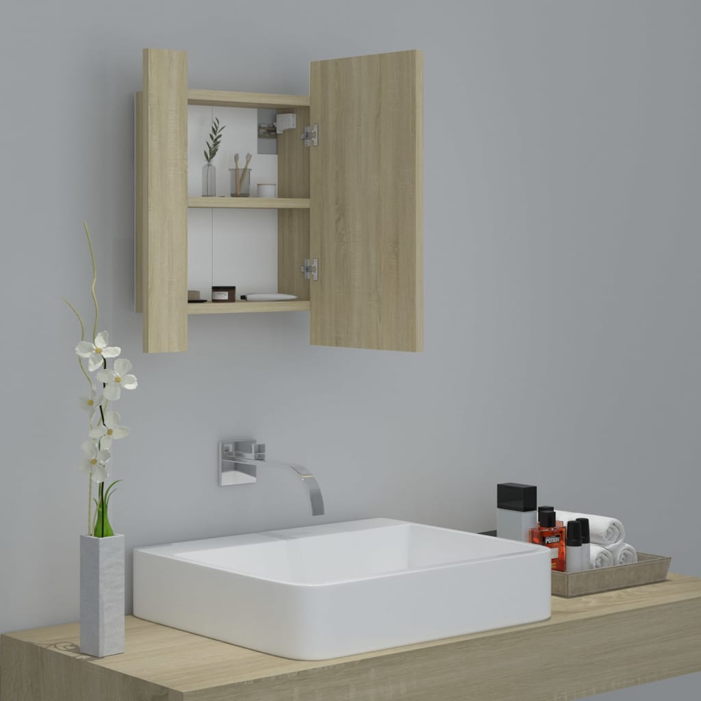 Meuble de salle de bain avec miroir LED 40x12x45 acrylique couleur chêne