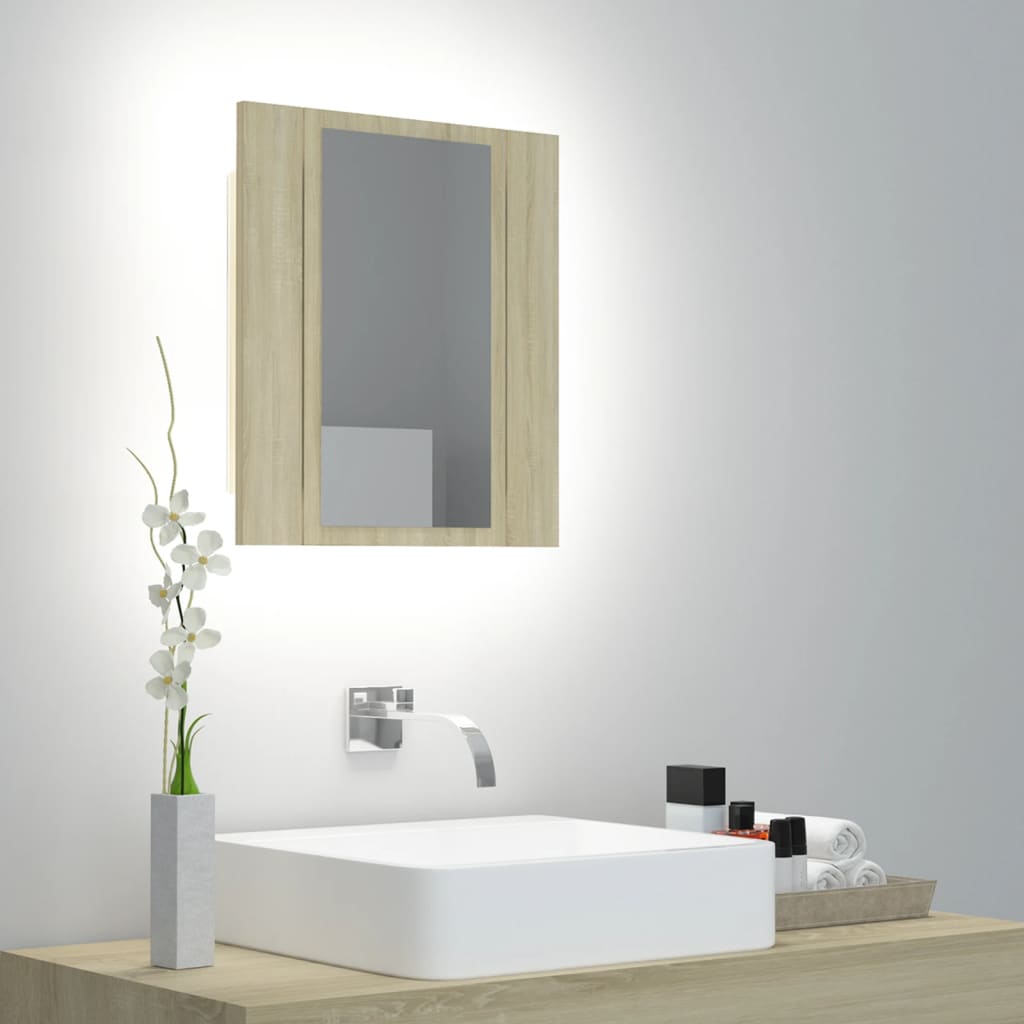 Meuble de salle de bain avec miroir LED 40x12x45 acrylique couleur chêne