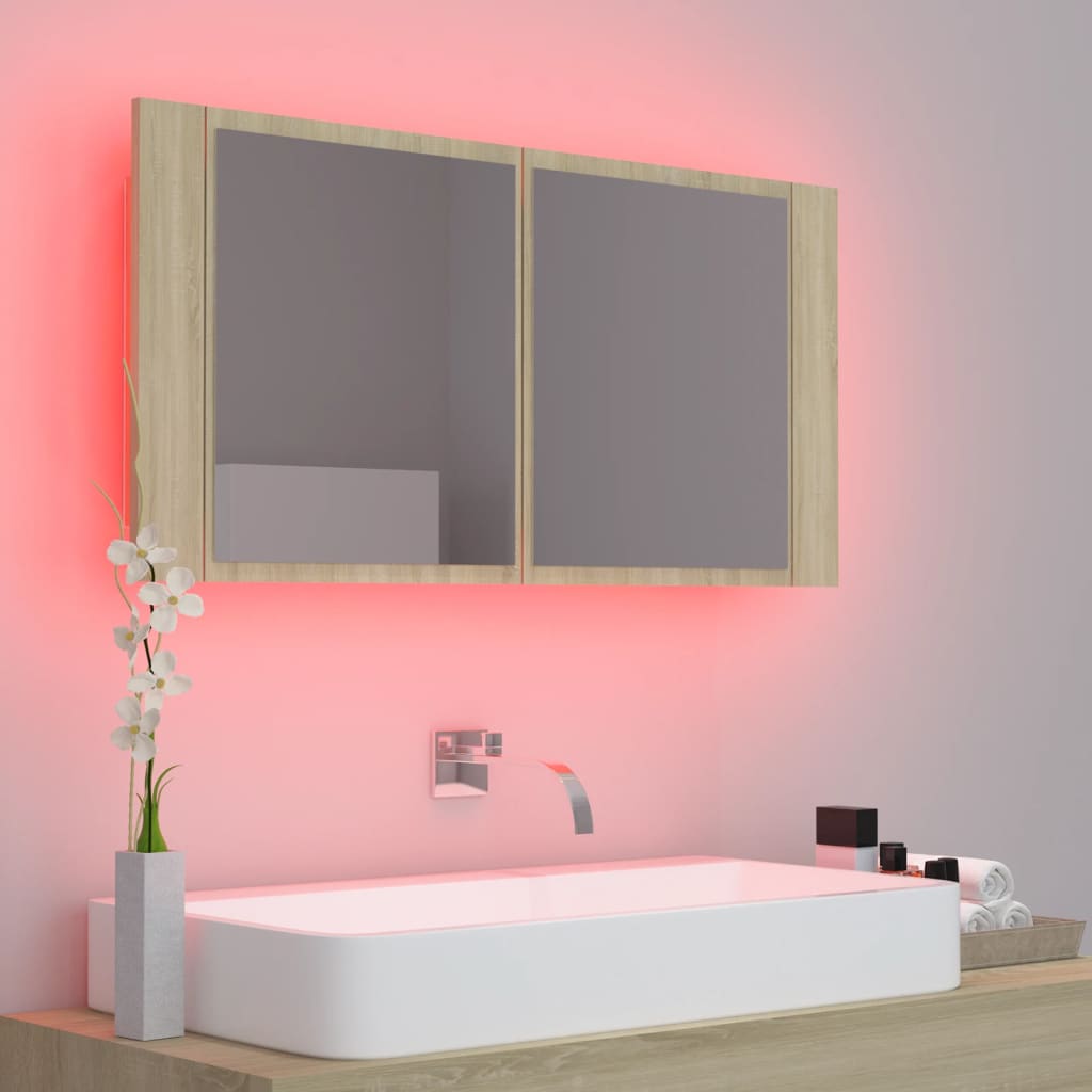 Meuble de salle de bain avec miroir et LED 90x12x45 cm acrylique