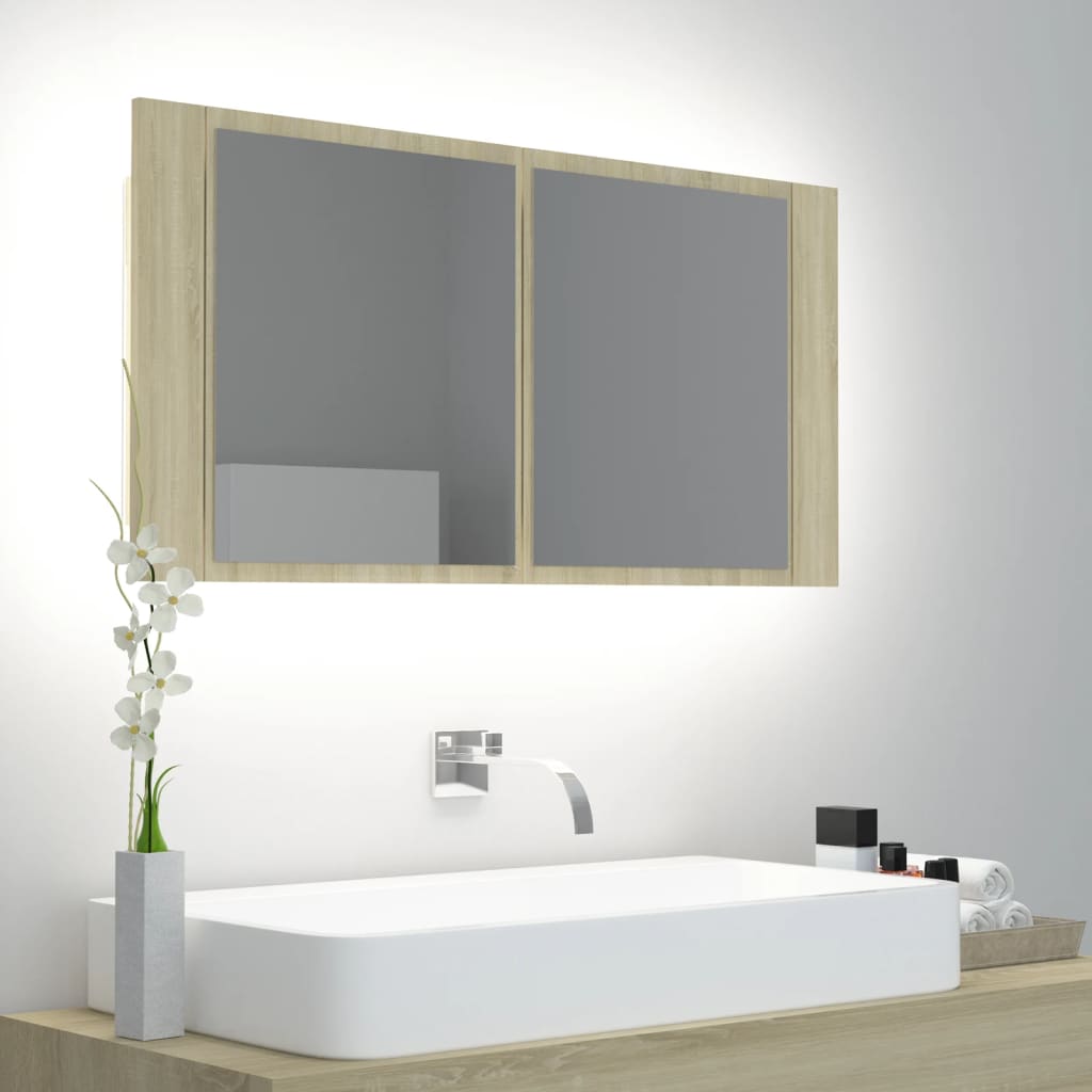 Meuble de salle de bain avec miroir et LED 90x12x45 cm acrylique