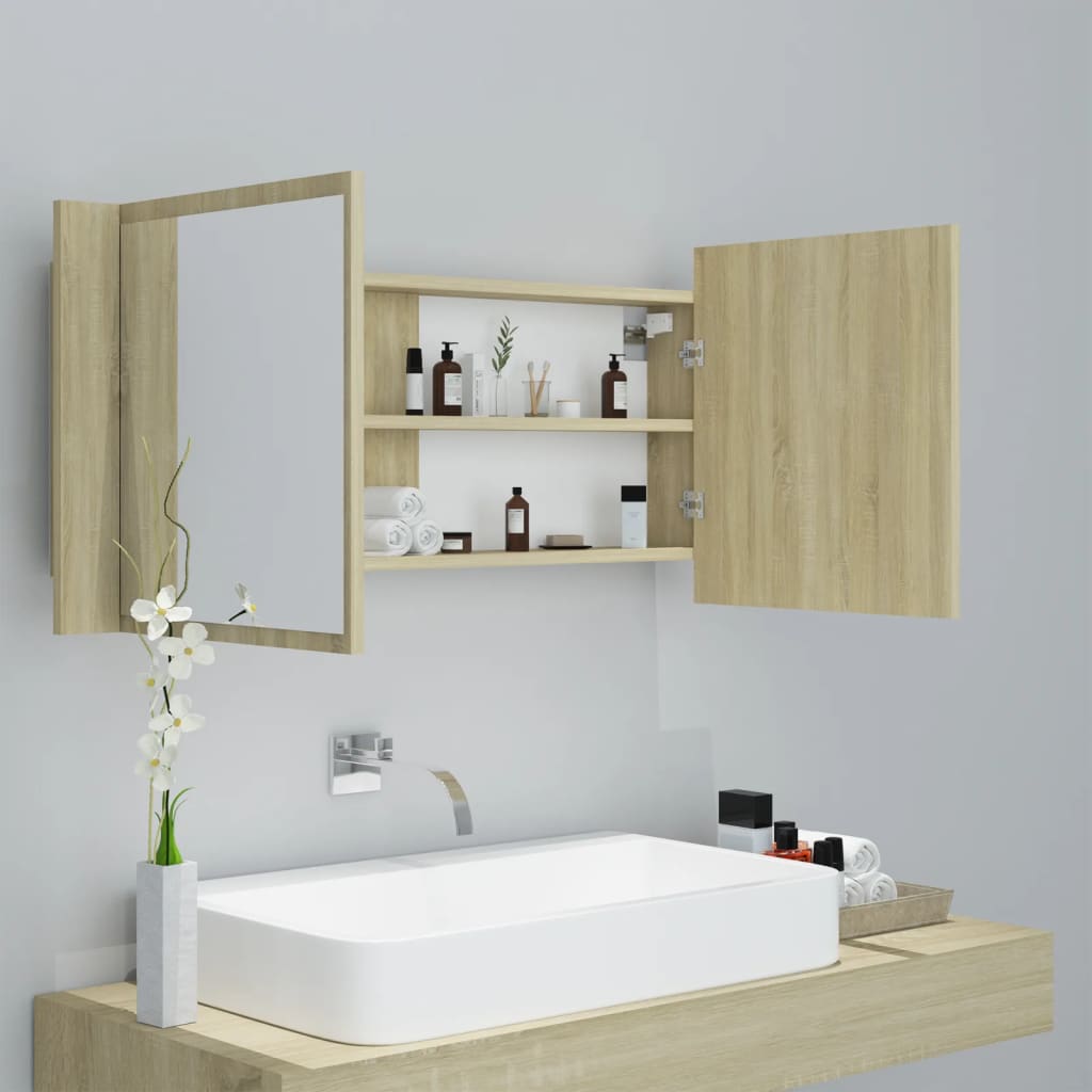 Meuble de salle de bain avec miroir LED acrylique couleur chêne