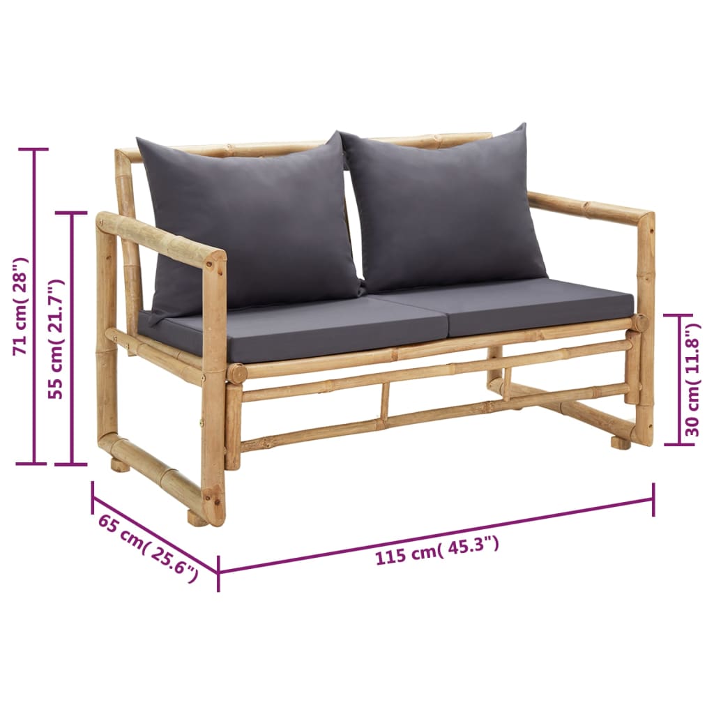 Banc de jardin 2 places avec coussins en bambou