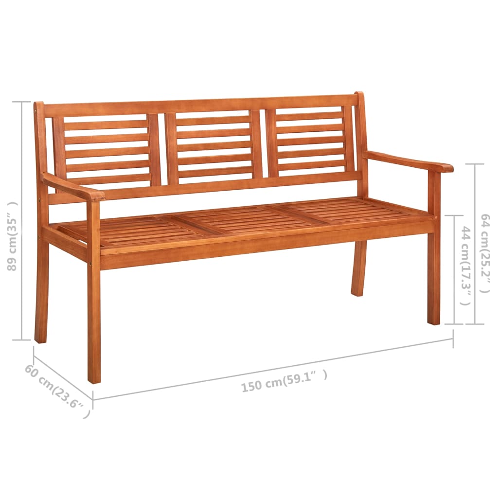 Banc de jardin 3 places avec coussin 150 cm bois d'eucalyptus massif