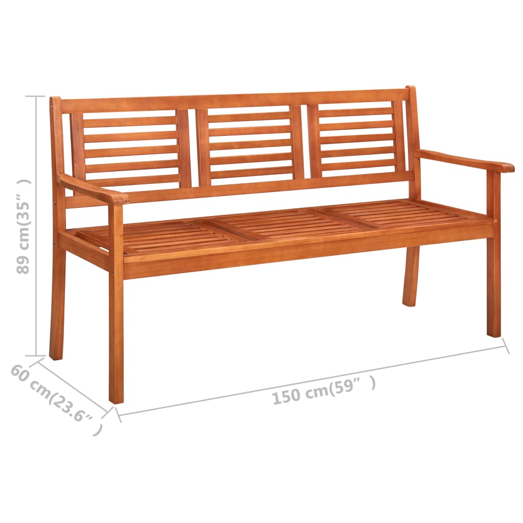 Banc de jardin 3 places avec coussin 150 cm bois d'eucalyptus massif