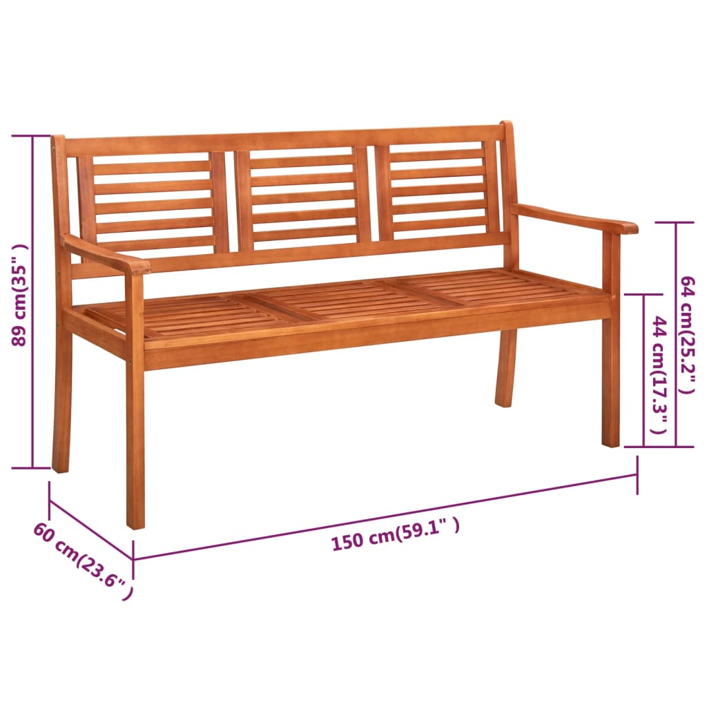 Banc de jardin 3 places avec coussin 150 cm bois d'eucalyptus massif