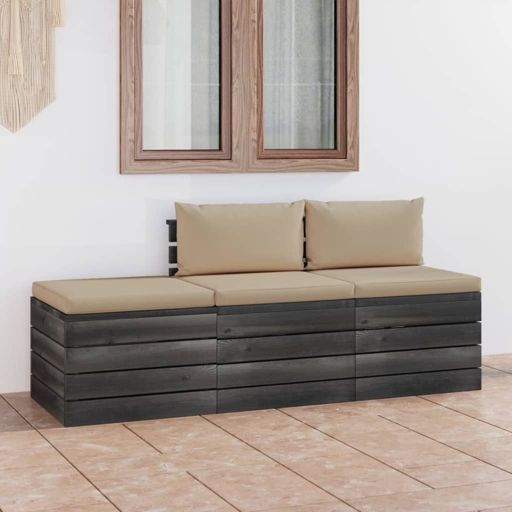 3-delige Loungeset met kussens pallet massief grenenhout