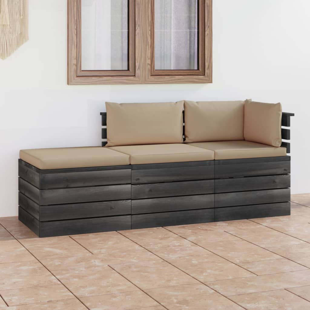 3-delige Loungeset met kussens pallet massief grenenhout