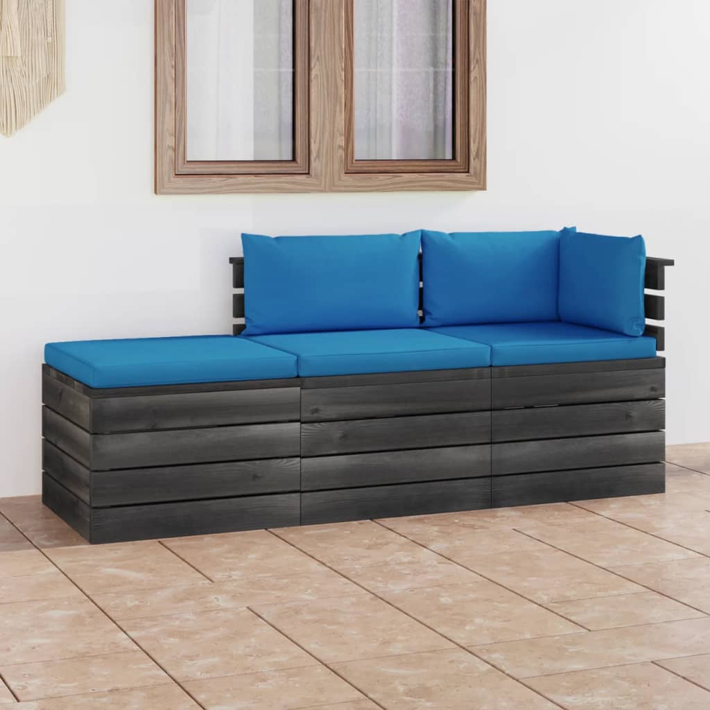 3-delige Loungeset met kussens pallet massief grenenhout