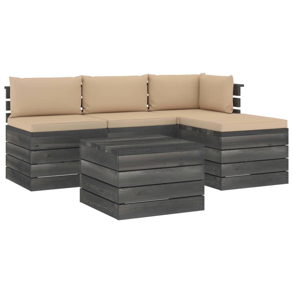 5-delige Loungeset met kussens pallet massief grenenhout