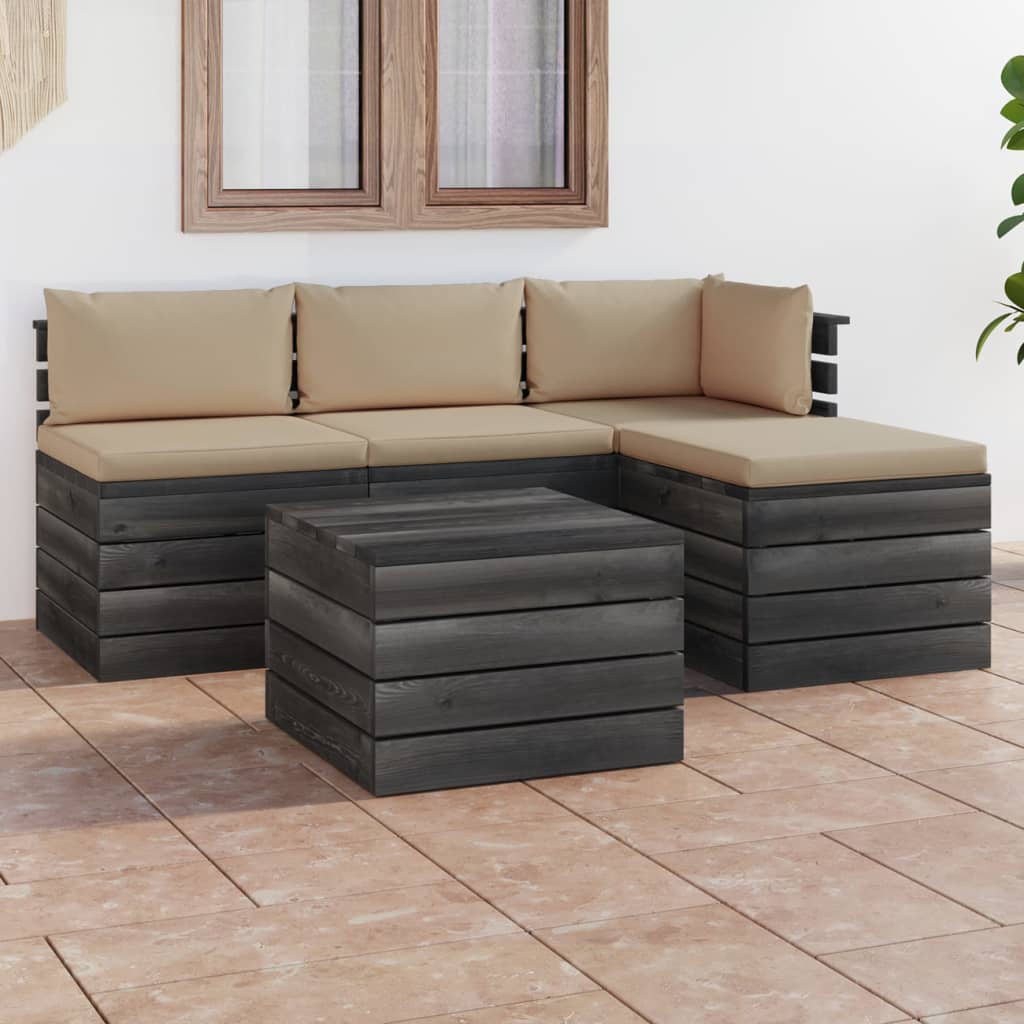 5-delige Loungeset met kussens pallet massief grenenhout