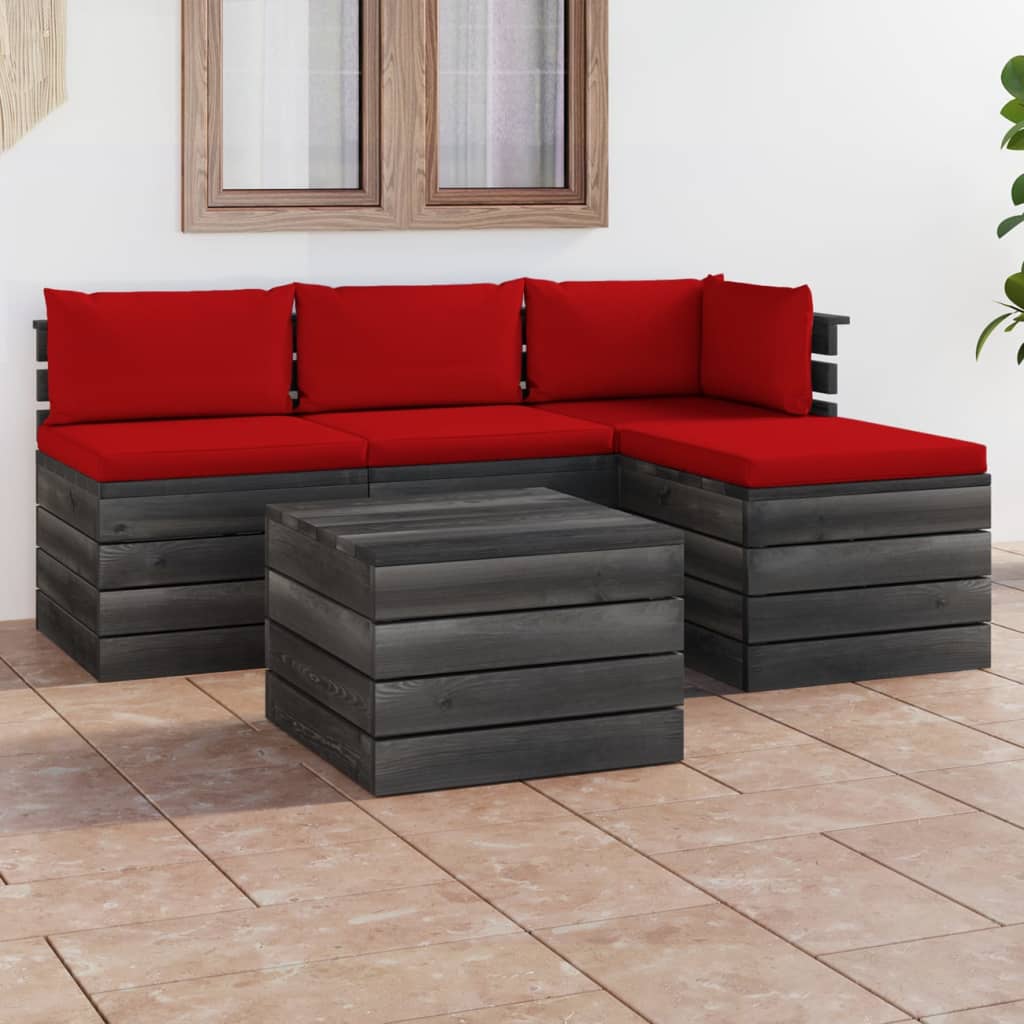 5-delige Loungeset met kussens pallet massief grenenhout