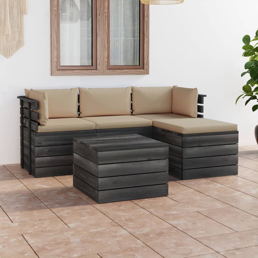 5-delige Loungeset met kussens pallet massief grenenhout