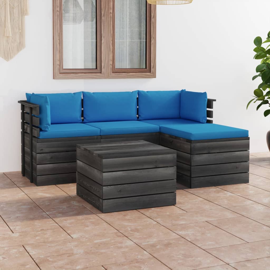 5-delige Loungeset met kussens pallet massief grenenhout