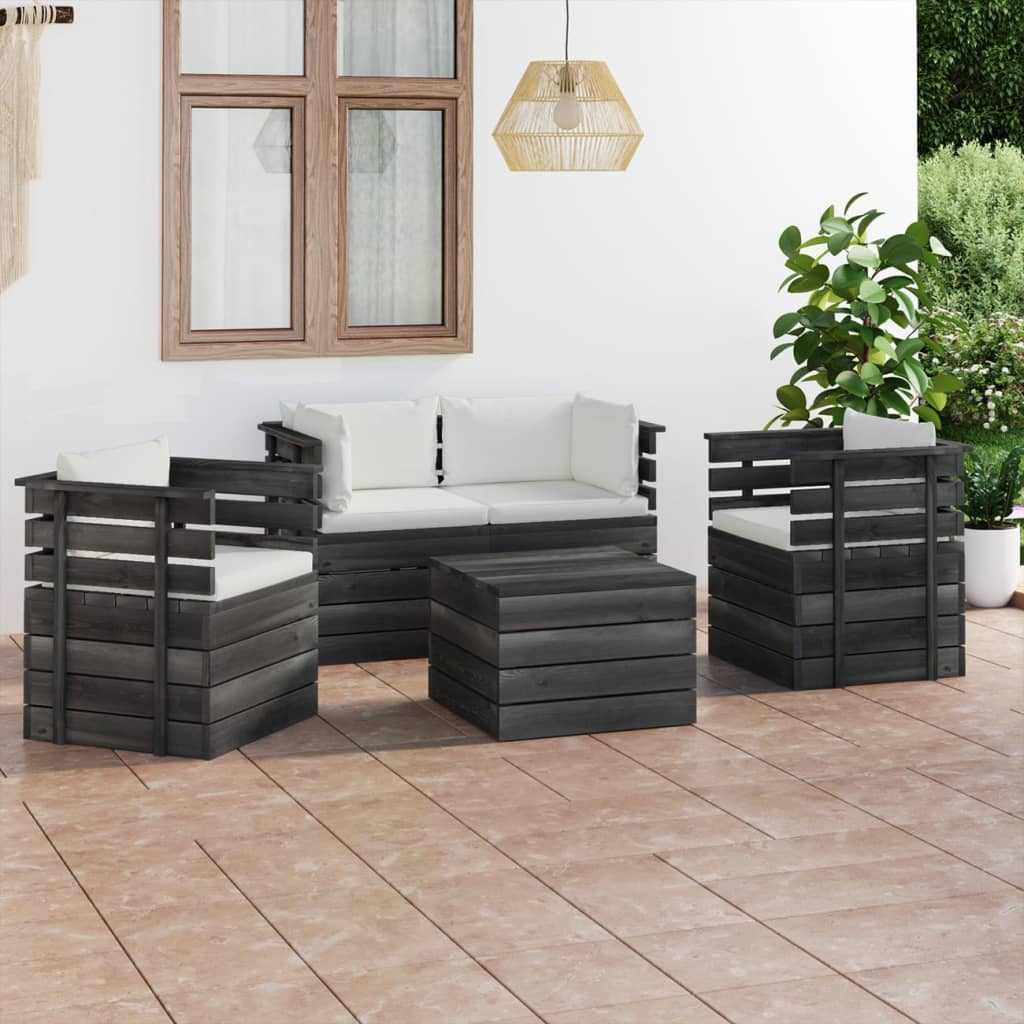 5-delige Loungeset met kussens pallet massief grenenhout