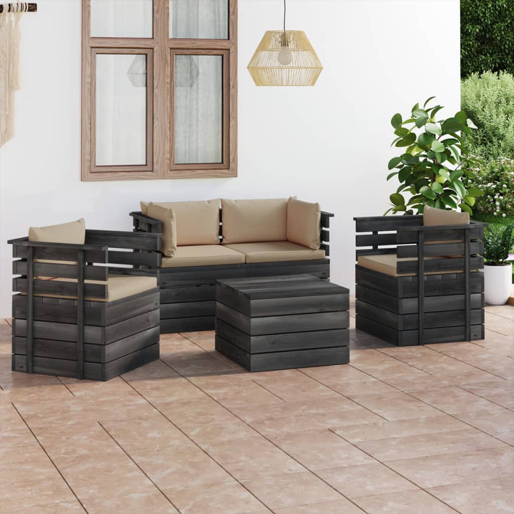 5-delige Loungeset met kussens pallet massief grenenhout