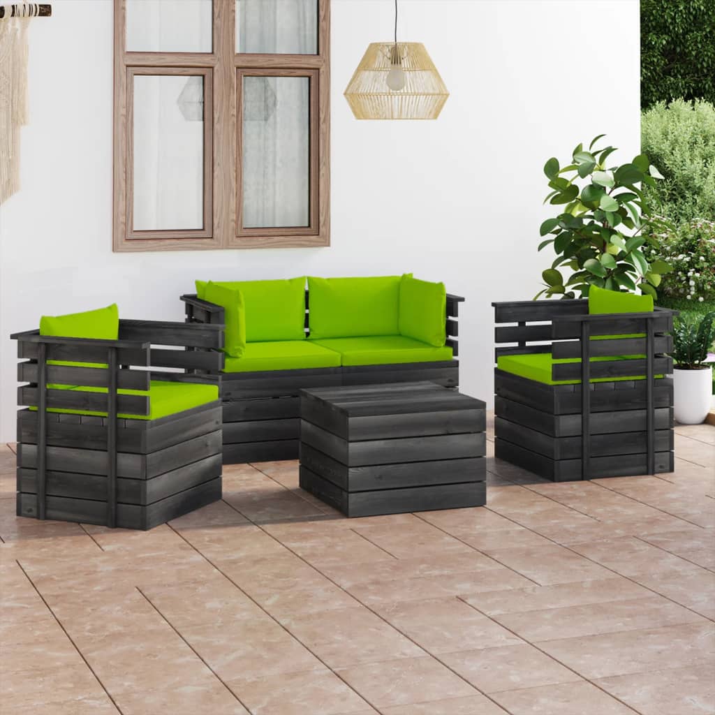 5-delige Loungeset met kussens pallet massief grenenhout