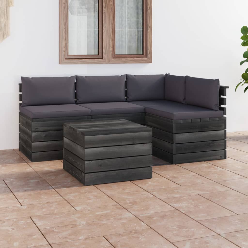 5-delige Loungeset met kussens pallet massief grenenhout