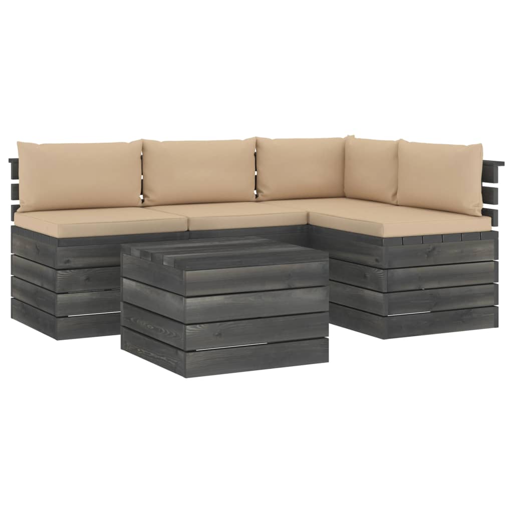 5-delige Loungeset met kussens pallet massief grenenhout