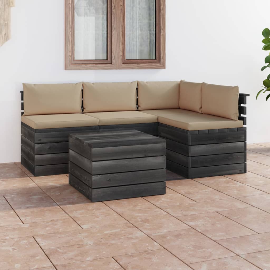 5-delige Loungeset met kussens pallet massief grenenhout