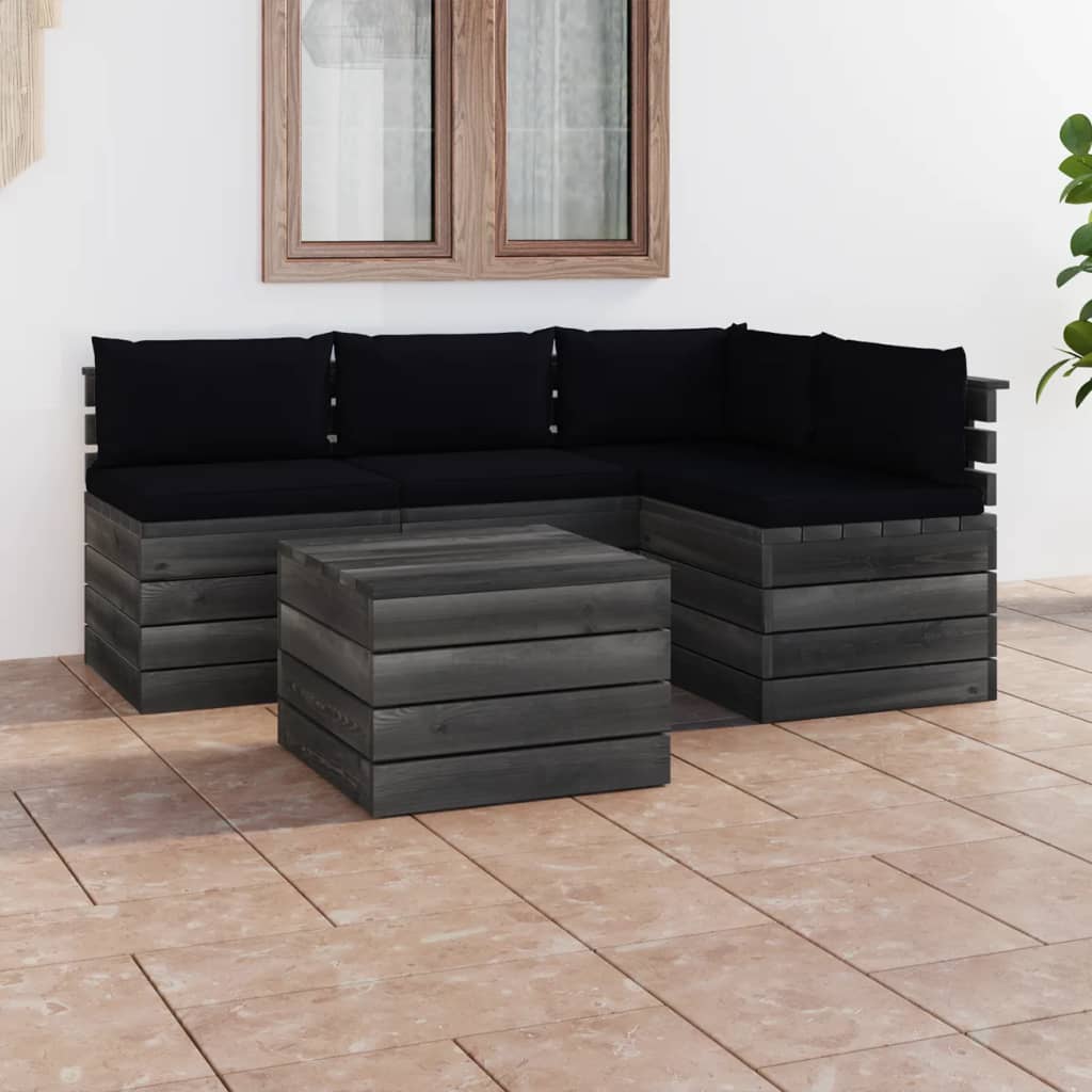 5-delige Loungeset met kussens pallet massief grenenhout