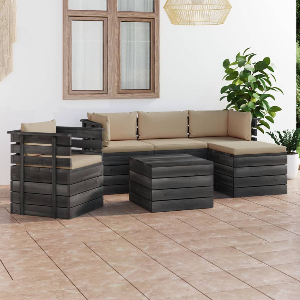 6-delige Loungeset met kussens pallet massief grenenhout